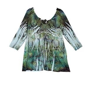 UNITY Womens 2X Blouse Tunic Green Peacock Embellished Lace Neck 3/4 Sleeve Top
